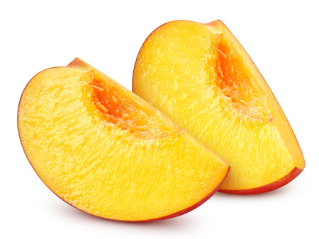Peach slice isolated on white background. Peach with clipping path. Peach macro studio photoの写真素材
