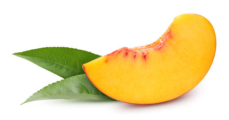 Peach and green leaves isolated on white background. Clipping path coconut. Peach macro studio photoの写真素材