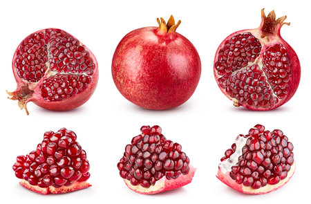 Pomegranate collection. Fresh organic pomegranate isolated on white background. Pomegranate set with clipping pathの写真素材