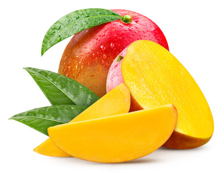 Mango Clipping Path. Ripe whole mango with green leaf and half isolated on white background. Mango macro studio photoの写真素材