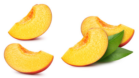 Peach slice collection isolated on white background. Peach set Clipping Path. Peach macro studio photoの写真素材