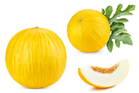 Melon fruit with leaves isolated on white background. Melon clipping path.の写真素材