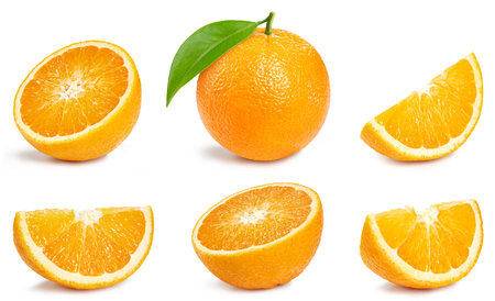 Collection orange slice. Orange isolated on white background. Orange fruit clipping path. Orange macro studio photoの写真素材