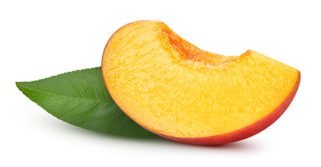 Peach fruit with leaf isolate. Peach slice, leaves on white. Peach clipping path. High End Retouchingの写真素材