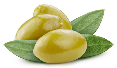 Olive vegetable with leaves. Olive isolated on white background. Olive clipping path.の写真素材