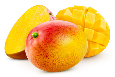Mango Clipping Path. Ripe whole mango with green leaf and half isolated on white background. Mango macro studio photoの写真素材