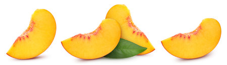 Peach slice collection isolated on white background. Peach set Clipping Path. Peach macro studio photoの写真素材