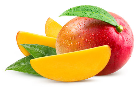 Organic mango isolated on white background. Taste mango with leaf. with clipping pathの写真素材