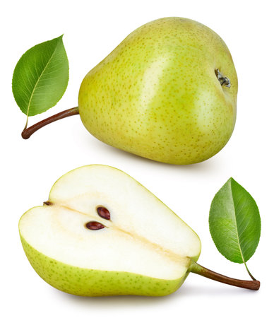 Pear collection with leaves isolated on white background. Pear clipping path.の写真素材