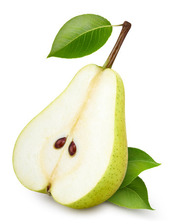 Pear half with leaves isolated on white background. Pear with clipping path. Pear macro studio photoの写真素材