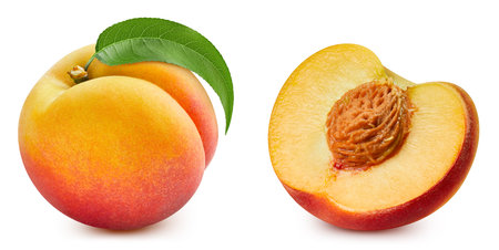 Ripe whole peach and slice isolated on white background. Peach macro studio photo. Peach Clipping Path.の写真素材