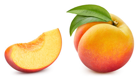 Ripe whole peach and slice isolated on white background. Peach macro studio photo. Peach Clipping Path.の写真素材