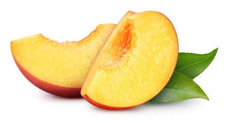 Isolated peach. Fresh organic peach with leaves isolated clipping path. Peach macro studio photoの写真素材