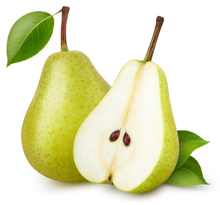 Pear Clipping Path. Ripe whole pear with green leaf and half isolated on white background. Pear macro studio photoの写真素材