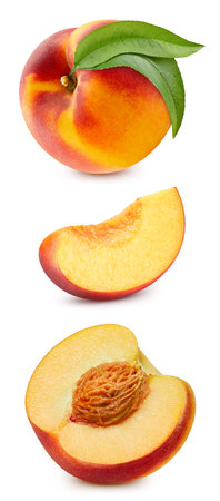 Peach collection. Peach with clipping path isolated on a white background. Full depth of fieldの写真素材