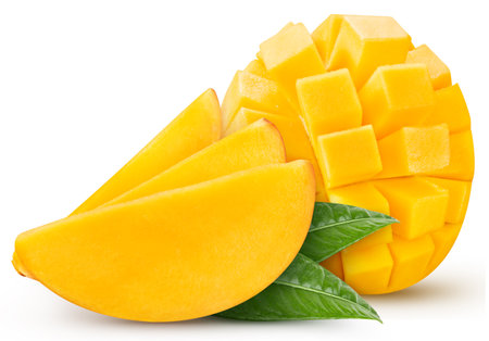 Ripe mango fruit isolated on white background. Mango composition with clipping path. Mango macro studio photoの写真素材