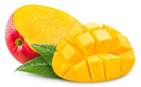 Mango with a leaf exotic fruit with slice isolated on white background. Clipping Path. Full depth of field.の写真素材
