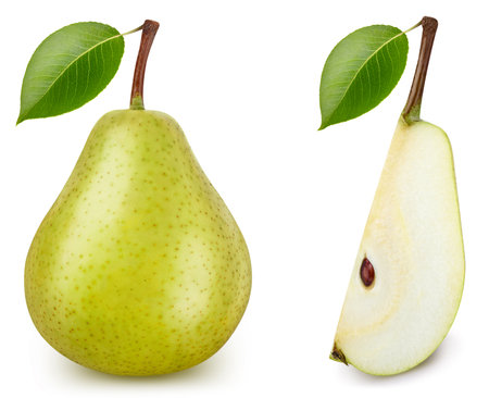 Ripe whole pear and slice isolated on white background. Pear macro studio photo. Pear Clipping Path.の写真素材