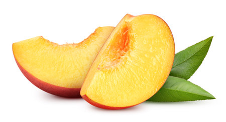 Isolated peach. Fresh organic peach with leaves isolated clipping path. Peach macro studio photoの写真素材