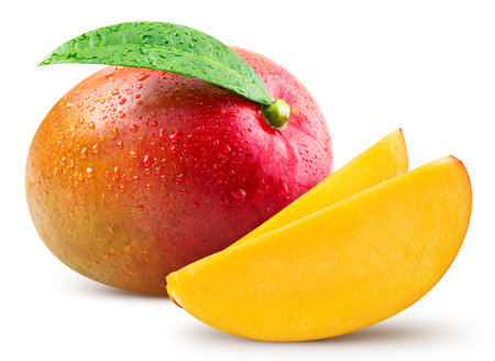 Mango fruit with leaves. Mango isolated on white background. Mango clipping path.の写真素材