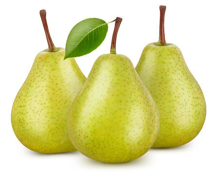 Three ripe pears with leaves. Pear isolated on white background. Professional studio macro shootingの写真素材
