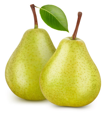 Two ripe pears with leaves. Pear isolated on white background. Professional studio macro shootingの写真素材