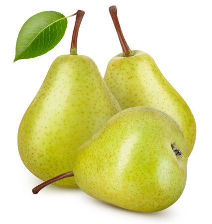 Three ripe pears with leaves. Pear isolated on white background. professional studio macro shootingの写真素材