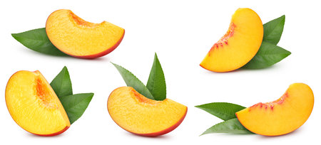 Peach slice collection isolated on white background. Peach set Clipping Path. Peach macro studio...