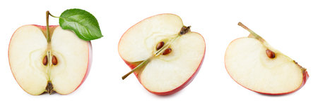 Isolated apple half and slice with leaf. Apple fruit and slice apple on white background with clipping path. High End Retouchingの写真素材
