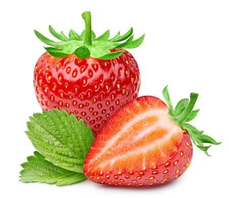 Strawberry with green leaf clipping path. Organic fresh strawberry isolated on white. Full depth of fieldの写真素材