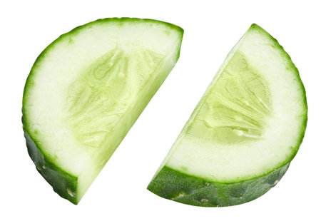 Cucumber slice clipping path. Organic fresh cucumber isolated on white. Full depth of fieldの写真素材