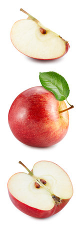 Beautiful red apples with leaves on the stem. Apples for your design. red apple clipping pathの写真素材
