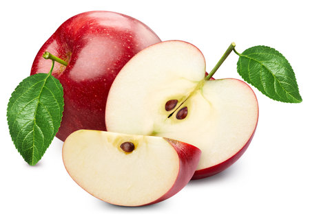 Red apple isolated on white background. Taste apple with leaf. Full depth of field with clipping pathの写真素材