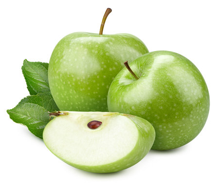 Fresh green apple with green leaf and sliced isolated on white background. Clipping path..の写真素材