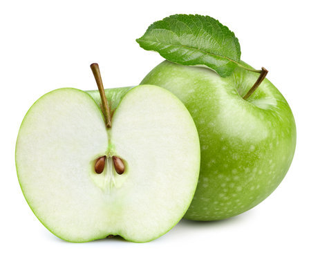 Green apple clipping path. Ripe whole apple with leaf and half isolated on white background. Green apple macro studio photoの写真素材