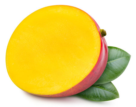 Mango Clipping Path. Ripe whole mango with green leaf and half isolated on white background. Mango macro studio photoの写真素材