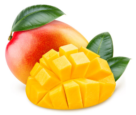 Isolated mango. Fresh organic mango with leaves isolated clipping path. Mango macro studio photo.の写真素材