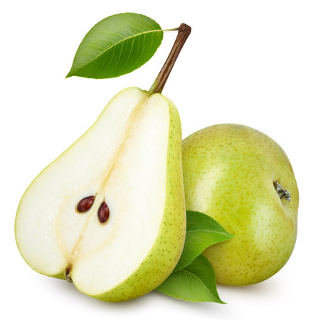 Pear Clipping Path. Ripe whole pear with green leaf and half isolated on white background. Pear macro studio photoの写真素材