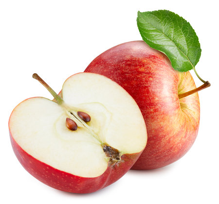 Beautiful red apples with leaves on the stem. Apples for your design. Red apple clipping pathの写真素材