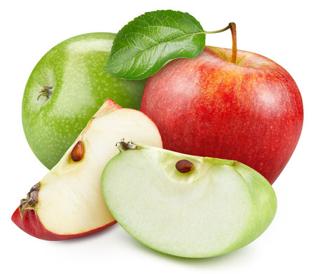 Ripe green and red apple with leaf and slice isolated on white background with clipping pathの写真素材