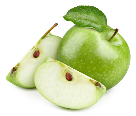Green apple with leaves. Green apple on white. Full depth of field. With clipping pathの写真素材