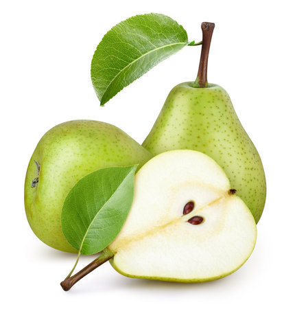 Pears Clipping Path. Pears with green leaf isolated on white background. Pears macro studio photoの写真素材