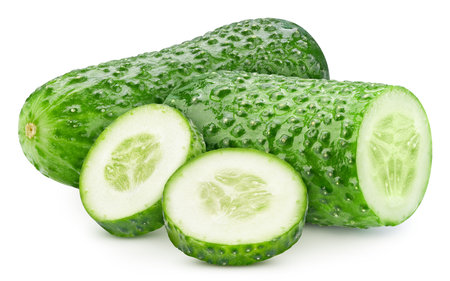 Ripe cucumber isolated on white background. Cucumber macro studio photo. Cucumber Clipping Path.の写真素材