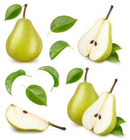 Set of pears with leaves on a white background. Pear with clipping path.の写真素材
