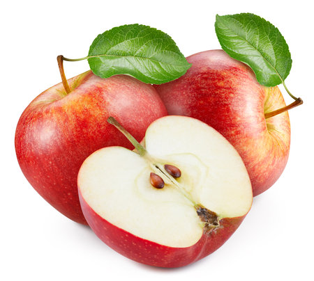 Red apple with green leaf clipping path. Organic fresh apple isolated on white. Full depth of fieldの写真素材