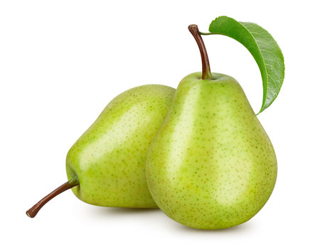 Pears Clipping Path. Ripe whole pears with green leaf isolated on white background. Pears macro studio photoの写真素材