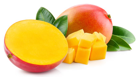 Fresh mango with leaves isolated on white background, mango on white background with clipping path.の写真素材