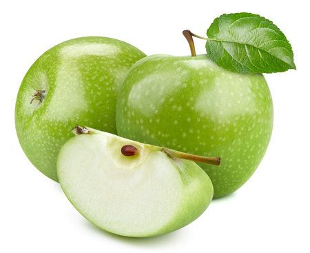 isolated apples. Two whole green apples and a slice isolated on white backgroundの写真素材