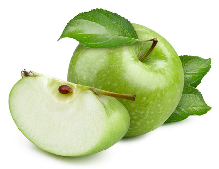One green apple and a quarter piece isolated on white background with clipping pathの写真素材