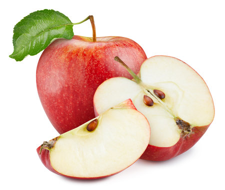 Red apple clipping path. Ripe whole apple with green leaf and half isolated on white background. Red apple macro studio photoの写真素材